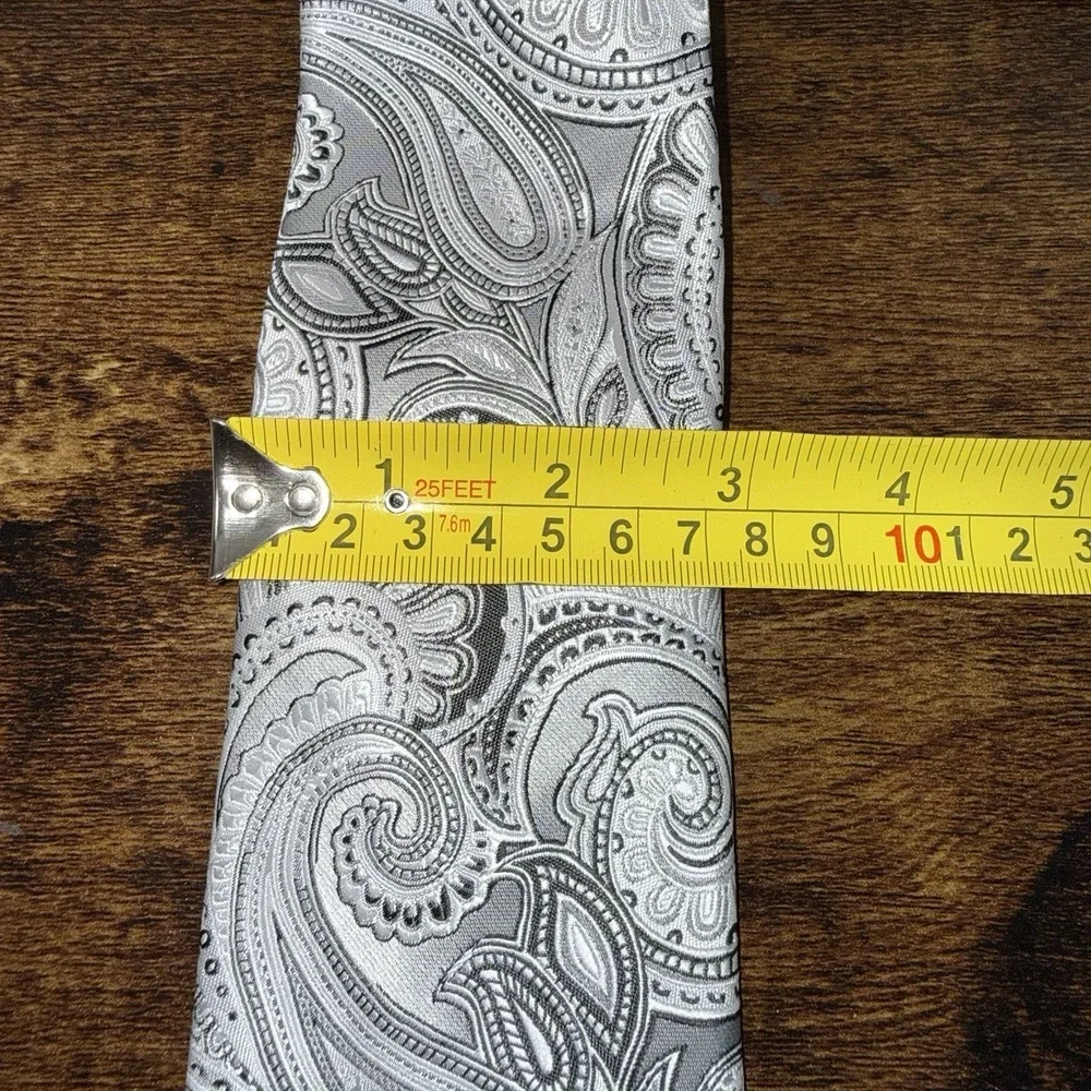 Hi-Tie‎ Grey Silver Paisley 100% Silk Necktie Men's Classic Formal Wedding